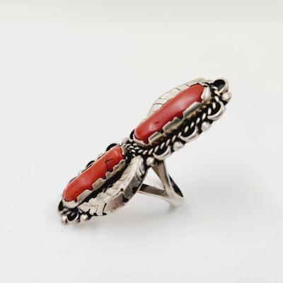 BEAUTIFUL VINTAGE SIGNED STERLING RED CORAL RING SIZE 6.5