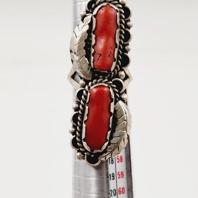 BEAUTIFUL VINTAGE SIGNED STERLING RED CORAL RING SIZE 6.5