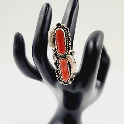 BEAUTIFUL VINTAGE SIGNED STERLING RED CORAL RING SIZE 6.5