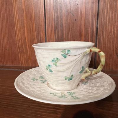 BELLEEK Teacup Saucer Basket Weave Green Shamrocks