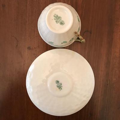 BELLEEK Teacup Saucer Basket Weave Green Shamrocks