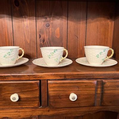 BELLEEK Teacup Saucer Basket Weave Green Shamrocks