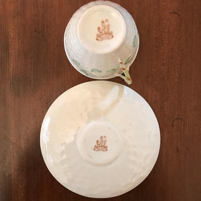 BELLEEK Teacup Saucer Basket Weave Green Shamrocks