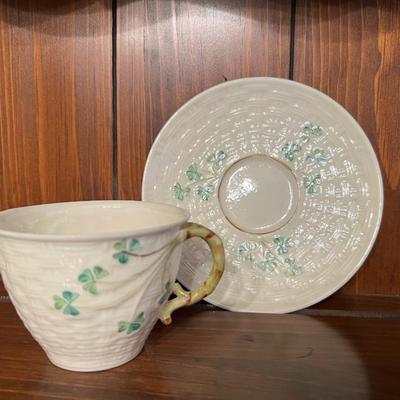 BELLEEK Teacup Saucer Basket Weave Green Shamrocks
