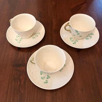 BELLEEK Teacup Saucer Basket Weave Green Shamrocks