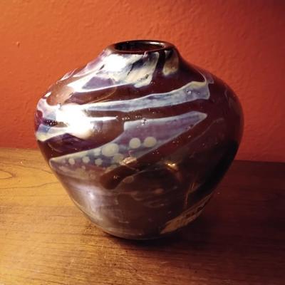 Vintage Studio Art Glass Irridescent Vase Signed S. West 74 4.5"