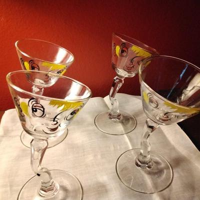 Vintage Signed Gay Fad Beau Brummell 1950s Martini Glass Hand Painted Bent Stem