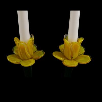 Hand-blown Glass Yellow Flower Candlesticks