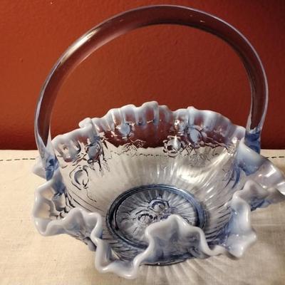 Rare Vintage Fenton Glass bride Basket Lavender Blue Opalescent Cabbage Rose Pattern