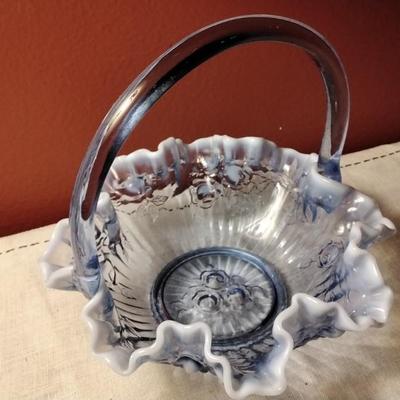 Rare Vintage Fenton Glass bride Basket Lavender Blue Opalescent Cabbage Rose Pattern