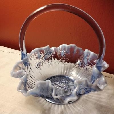 Rare Vintage Fenton Glass bride Basket Lavender Blue Opalescent Cabbage Rose Pattern