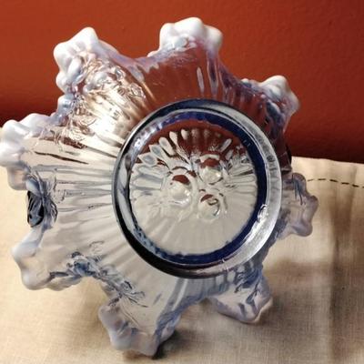 Rare Vintage Fenton Glass bride Basket Lavender Blue Opalescent Cabbage Rose Pattern