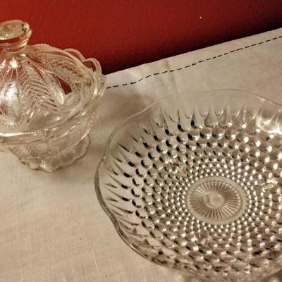 Vintage Anchor Hocking 3 footed Candy Dish and Cut Glass Covered Candy Dish