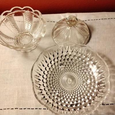 Vintage Anchor Hocking 3 footed Candy Dish and Cut Glass Covered Candy Dish