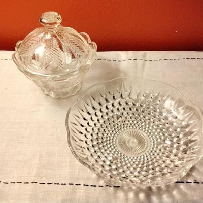 Vintage Anchor Hocking 3 footed Candy Dish and Cut Glass Covered Candy Dish
