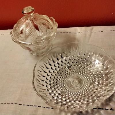 Vintage Anchor Hocking 3 footed Candy Dish and Cut Glass Covered Candy Dish