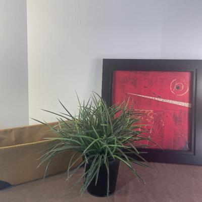 Lot 190. Framed Art, Silk Plant & Burlap Basket