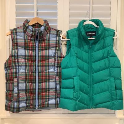 8649 Two LANDS END Vest Green and Plaid Size Med