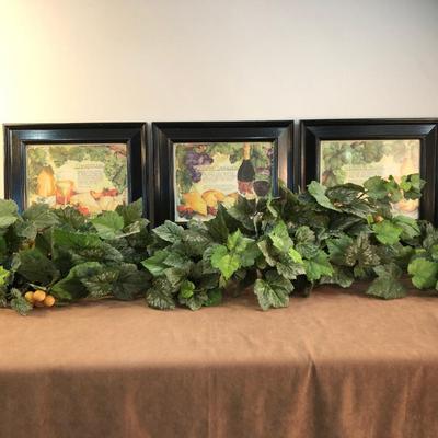 Lot 204. Set of 3 Wine-themed Prints and Silk Grape Vines