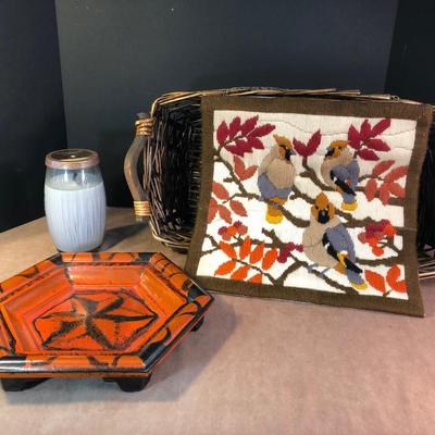 Lot 232. Crewel Embroidery, Basket, Candle & Ceramic Platter