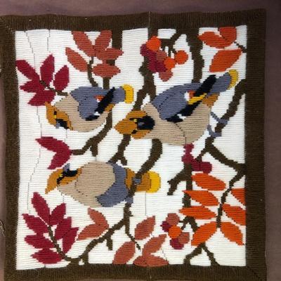 Lot 232. Crewel Embroidery, Basket, Candle & Ceramic Platter