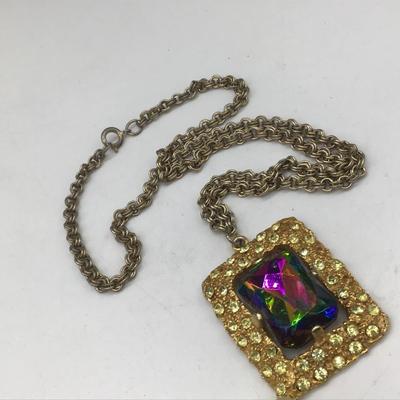Large Iridescent Glass Pendant and Chain