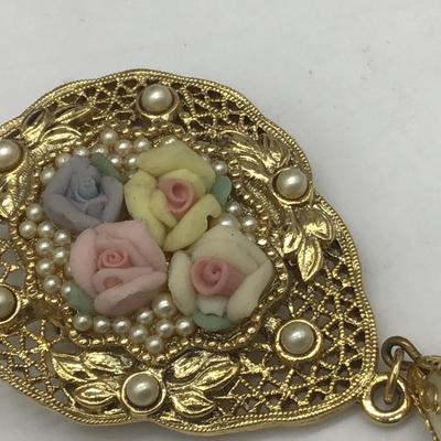 Vintage Pink Rose Flower Cameo Brooch Pin Porcelain