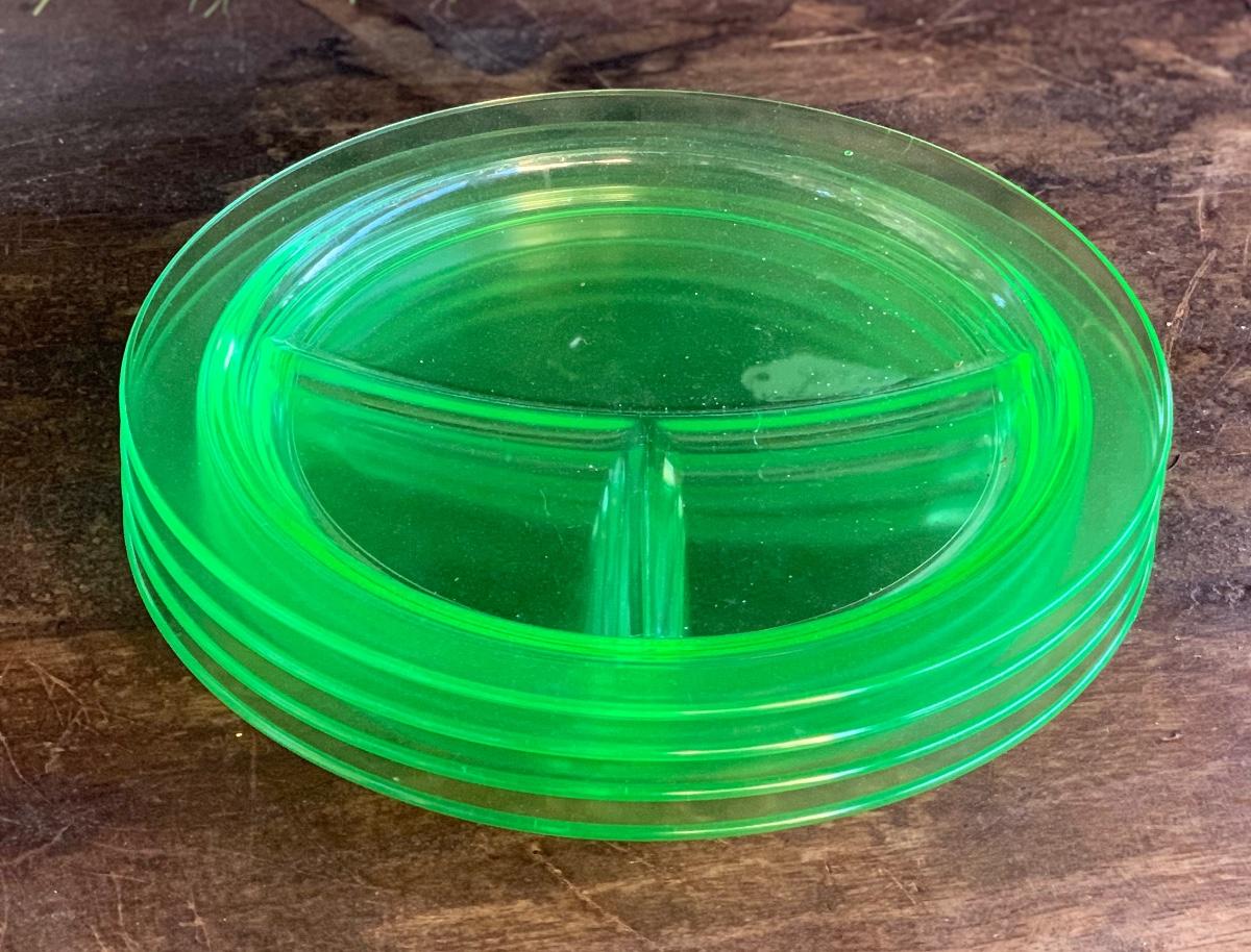 Vintage Green Vaseline Glass Compartment Plates