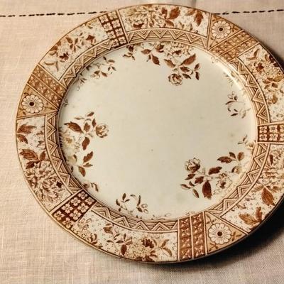 Antique Challinor Melbourne Brown Transferware Geometric Peony Daisy Flowers  1892-1896.