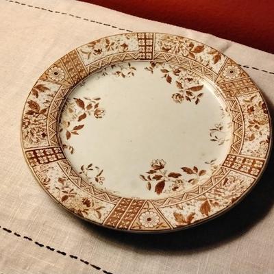 Antique Challinor Melbourne Brown Transferware Geometric Peony Daisy Flowers  1892-1896.
