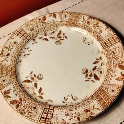 Antique Challinor Melbourne Brown Transferware Geometric Peony Daisy Flowers  1892-1896.