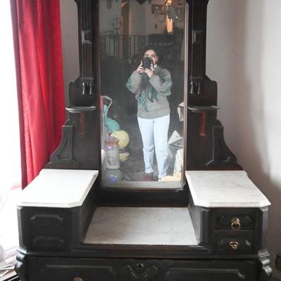 EASTLAKE STYLE DRESSER / CABINET WITH MIRROR AND MARBLE TOPS