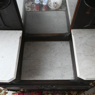 EASTLAKE STYLE DRESSER / CABINET WITH MIRROR AND MARBLE TOPS