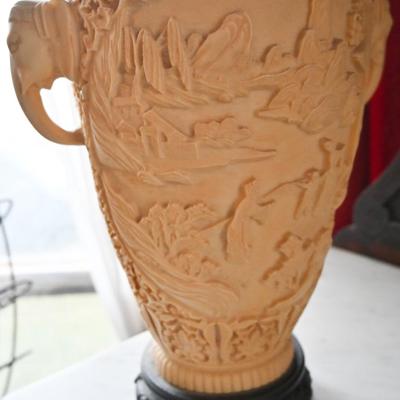 CARVED COMPOSITE/SOAPSTONE? VASE WITH ELEPHANT HANDLES (1 OF 3)