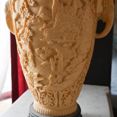 CARVED COMPOSITE/SOAPSTONE? VASE WITH ELEPHANT HANDLES (1 OF 3)
