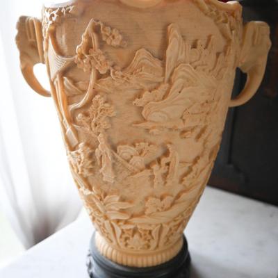 CARVED COMPOSITE / SOAPSTONE? VASE WITH ELEPHANT HANDLES (2 OF 3)