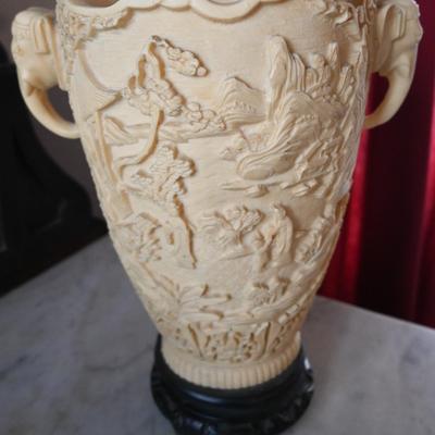 CARVED COMPOSITE / SOAPSTONE? VASE WITH ELEPHANT HANDLES (3 OF 3)