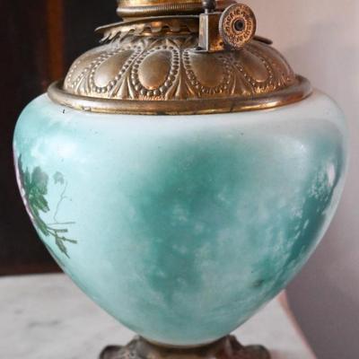 ART NOUVEAU OIL LAMP BASE - GREEN WITH FLORAL
