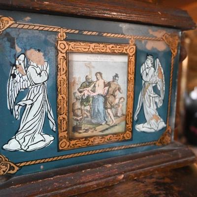 WOOD CRUCIFIX WITH FIGURINES AND ART GLASS