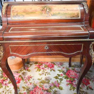 VICTORIAN / COLONIAL DESK  WITH ART THAT FOLDS DOWN BY OPENING DRAWER- COMES WITH KEY