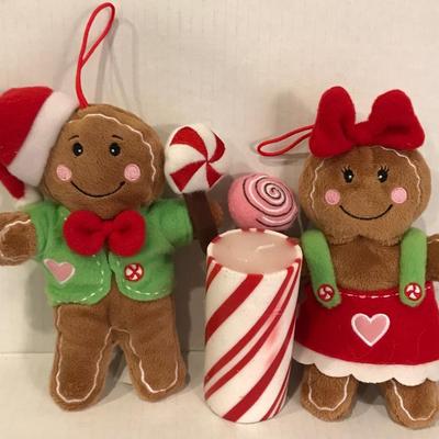 Gingerbread plush ornaments and candle