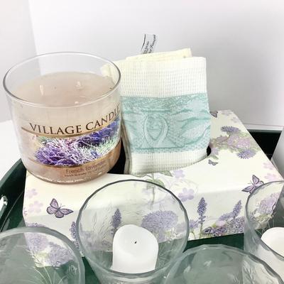 8694 Lavender Home Decor Lot with Candles and Tray