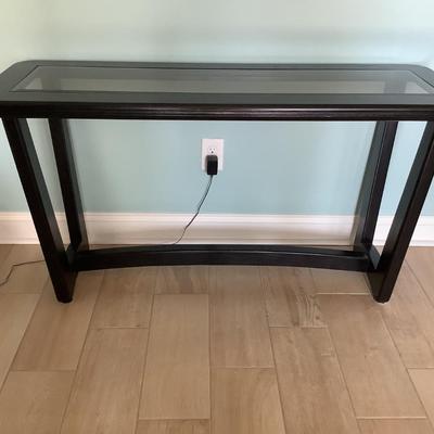 Beveled glass and wood side, sofa table 52â€L 18â€W, 27â€H