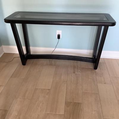 Beveled glass and wood side, sofa table 52â€L 18â€W, 27â€H
