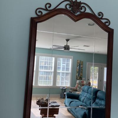 Gorgeous beveled, wooden frame, with metal decor mirror 57â€H 39â€W