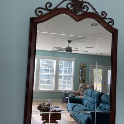 Gorgeous beveled, wooden frame, with metal decor mirror 57â€H 39â€W