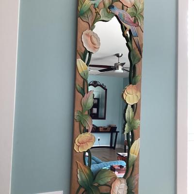 Colorful parrot mirror, natural wood & painted decor 4â€™H 16â€W