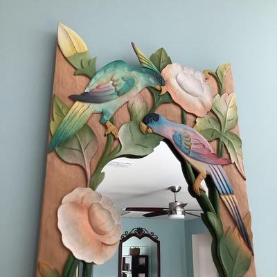 Colorful parrot mirror, natural wood & painted decor 4â€™H 16â€W