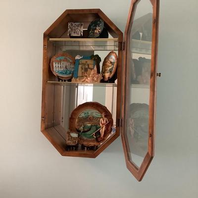 Wooden octagon hanging display case with glass front, mirrored back, 2 shelves, magnetic closure, 28â€H 16â€W 6â€depth