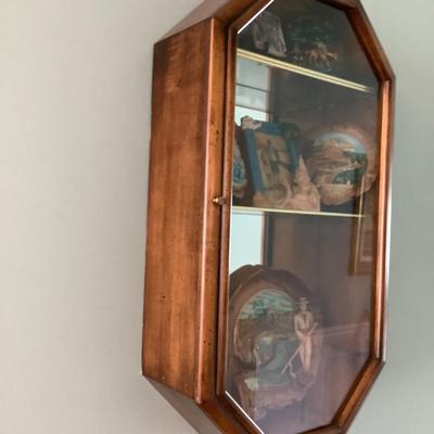 Wooden octagon hanging display case with glass front, mirrored back, 2 shelves, magnetic closure, 28â€H 16â€W 6â€depth